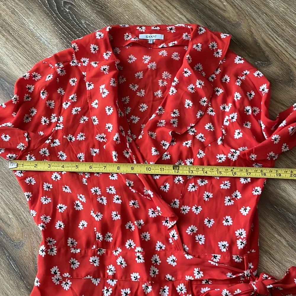 Ganni Silvery Crepe Wrap Red Floral Viscose Blouse Top - Picture 6 of 12